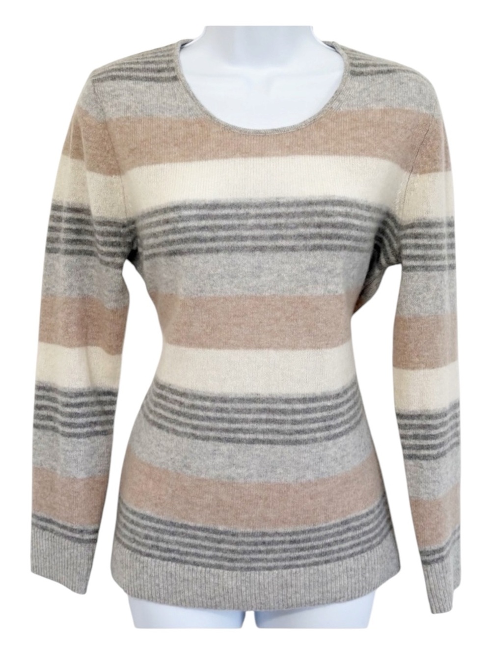 41 HAWTHORN 100% Cashmere Striped Crewneck Sweater Beige Gray Medium